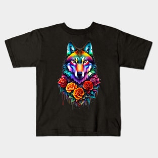 colorful wolf with flowers Kids T-Shirt